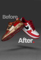 Before and after image of clean and dirty shoes after cleaning with shoegr standard shoe cleaning kit for all types of Sneakers