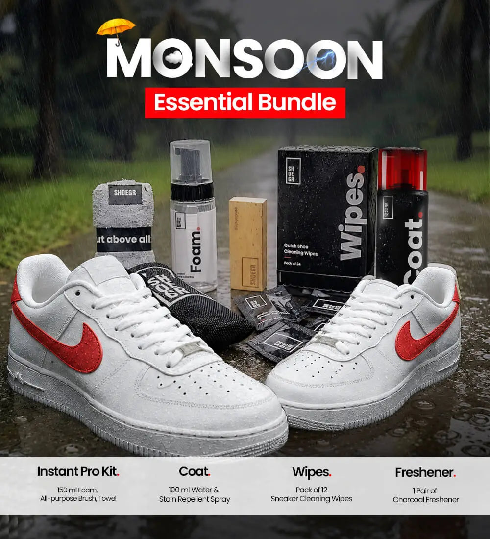 Monsoon Essential Bundle with sneaker wipes, waterproofing spray, instant pro shoe cleaning kit, and charcoal freshener to fight shoe odour.