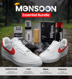 Monsoon Essential Bundle with sneaker wipes, waterproofing spray, instant pro shoe cleaning kit, and charcoal freshener to fight shoe odour.