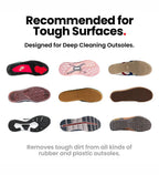 Diagram showing that SHOEGR Hard Brush can clean all kinds of rubber and plastic shoe soles.