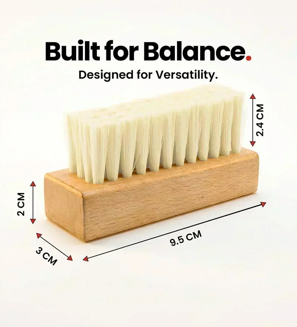 Wooden SHOEGR Medium Shoe brush with PP bristles, dimensions labeled, and 'Built for Balance' text on a white background