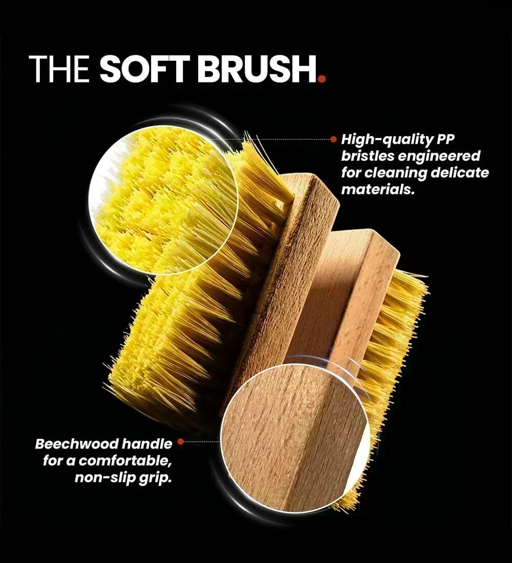 SHOEGR Soft shoe brush with yellow PP bristles and beechwood handle on a black background