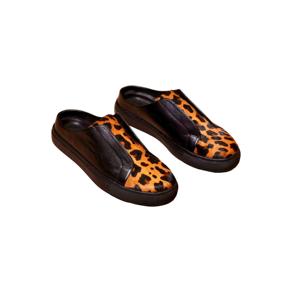 leopardo nero sabot black hair on leather sneaker mule for men