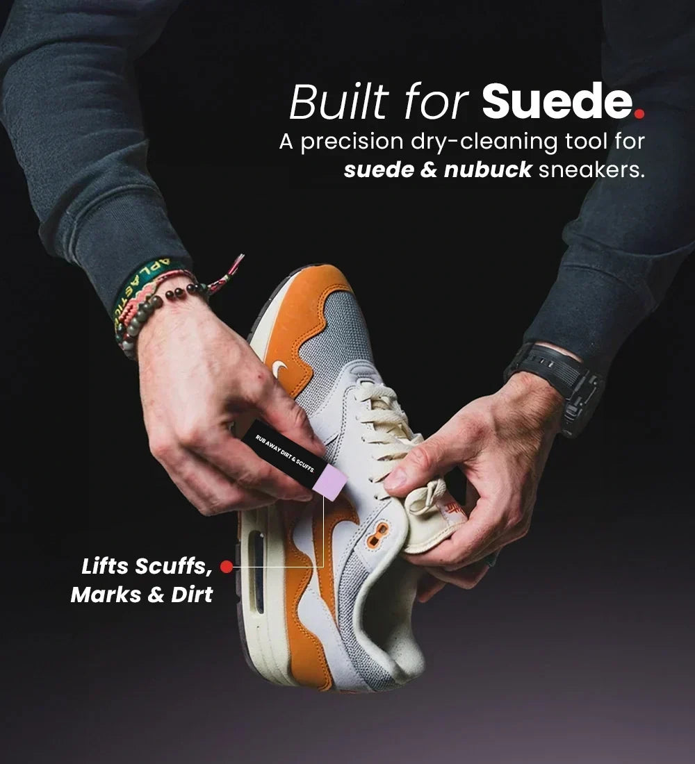 Person cleaning a sneaker with a precision shoegr dry-cleaning kit for suede and nubuck sneakers
